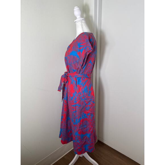 Hobbs Blue Red Cap Sleeve V-Neck Linen Midi Dress Sz 8 - Picture 2 of 4